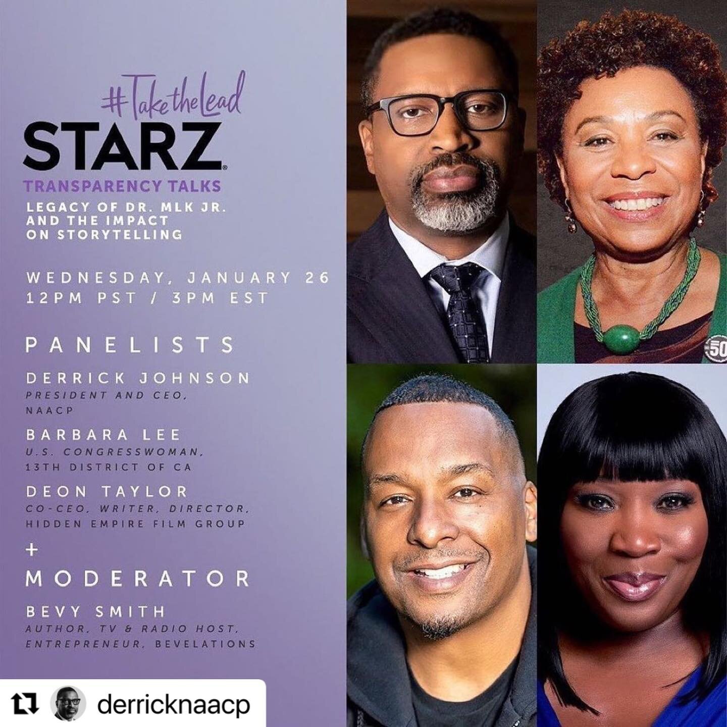 #Repost @derricknaacp with @make_repost
・・・
This Wednesday | January 26th, I join @starztakethelead&rsquo;s Transparency Talk series to discuss the legacy of Dr. Martin Luther King Jr. and the impact on storytelling. #TakeTheLead 

RSVP link in my st