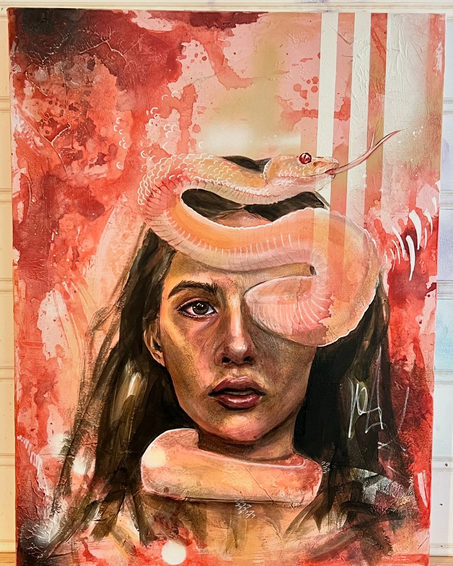 Part of a 3 part series on fear, exploring the &ldquo;freeze&rdquo; response&mdash;the way fear can hold us in place, leaving us immobilized but with a calm exterior. The snake slipping from her eye hints at the way fear subtly worms its way into our