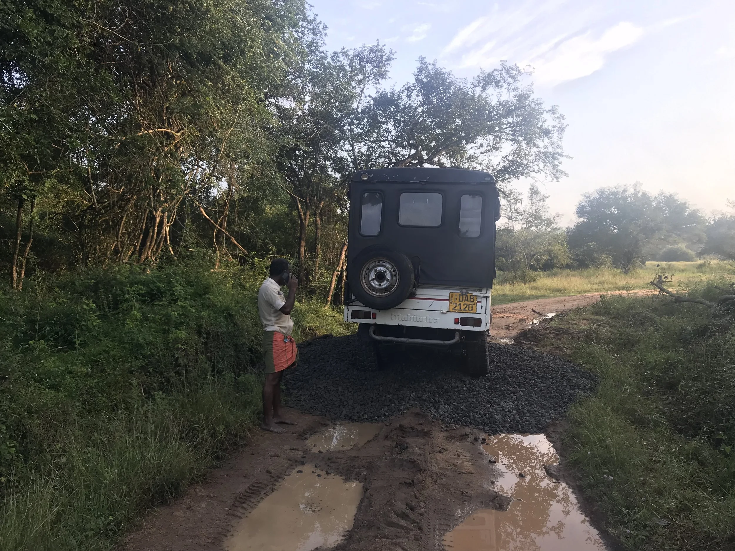 Nimal resigning to making a phone call for rescue after getting stuck on top of the gravel pile…again.
