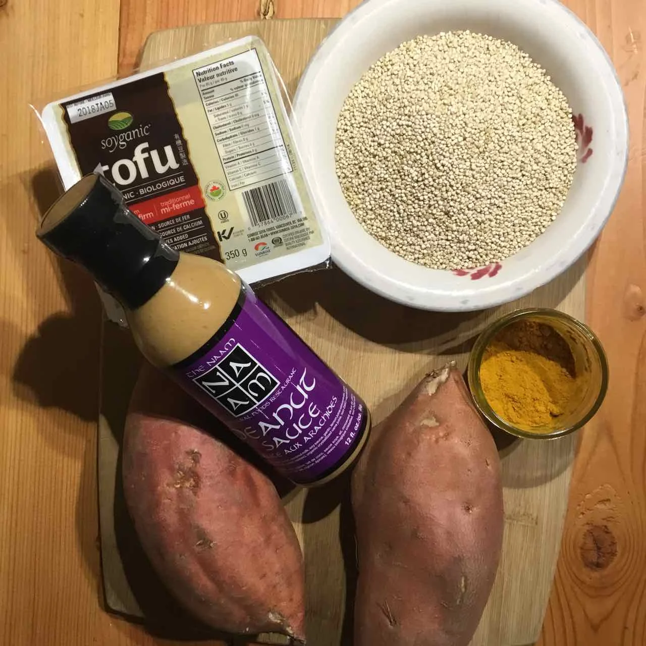 Quinoa and Tofu with sweet potatoes.