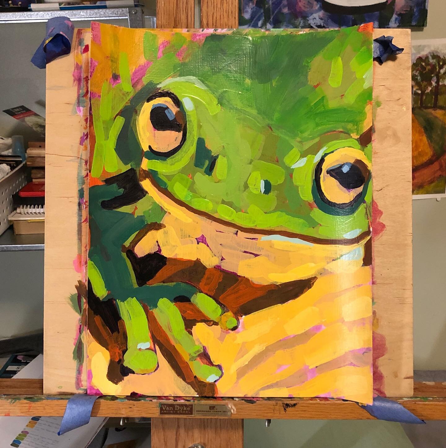 On the Easel: Hello Frog! Sometimes you get stuck in the messy middle for a long time and this little guy was there for a while. I just couldn't take him to the end, but tonight I just went for it.

As I've said, learning something new is hard, but i