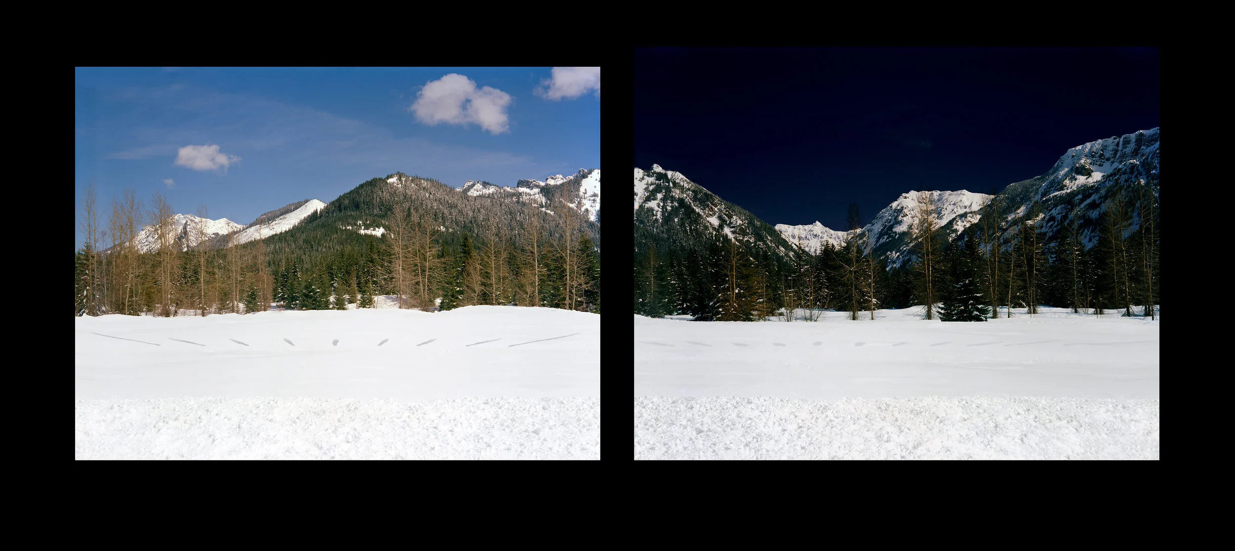 Digital print 24x78 in … hourly by sunlight and moonlight at Snoqualmie Pass, WA, 8:23am-4:23pm; 6:15pm-4:15am, February 11-12, 2006. Left: my shadow by sunlight. Right: my shadow by moonlight.