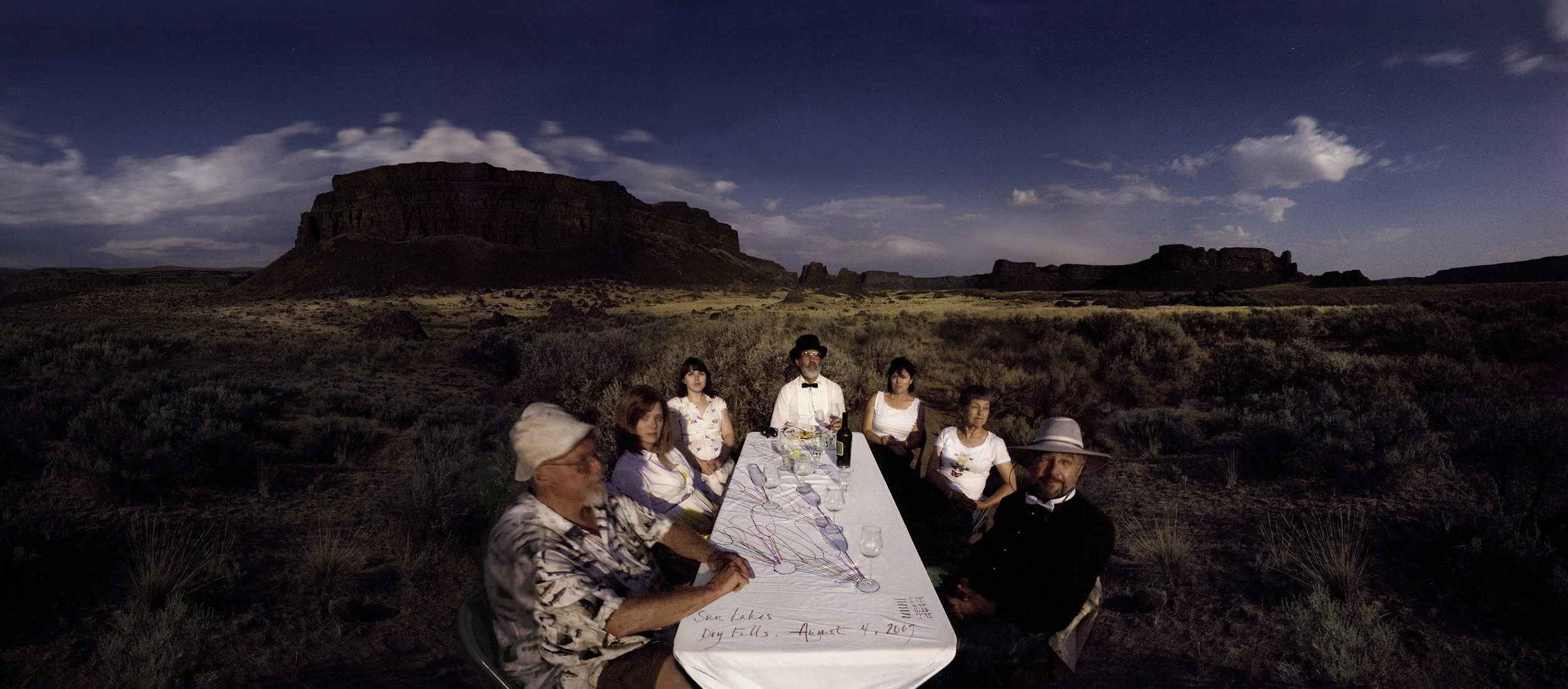 Lunartic Moonlight Dinner, Grand Coulee, WA. August 5, 2009, 10pm – 2am (119 d 21 m 52s W, 47 d 35 m 25 s N) Digital print, acrylic 24x55in By moonlight, the movement of shadows is traced every 20 minutes in the desert of eastern Washington.