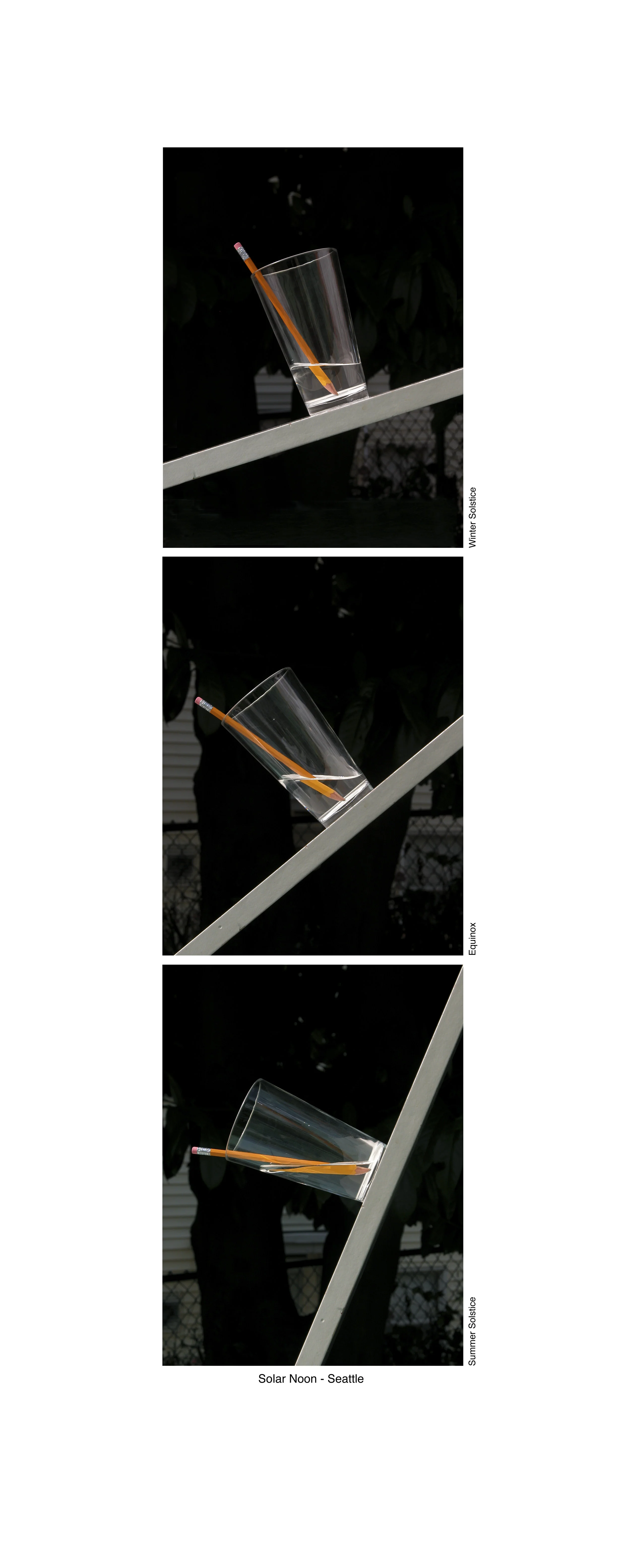 Tilt , 2003 Digital print 18x40in A shelf, a glass of water and a pencil describe and visualize the angle of declination of the sun at Solar Noon in Seattle on the Winter Solstice (top), the Equinox (middle) and the Summer Solstice (bottom).