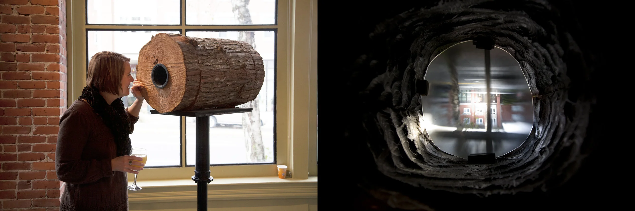 Log Cam , 2010 Log, glass, metal 3x1.5x5 ft A cedar log / panoramic camera obscura; conceived in reference to the vast clearing and burning of timber in the early days of Kirkland, WA. Installation view Kirkland Art Center, Kirkland, WA.