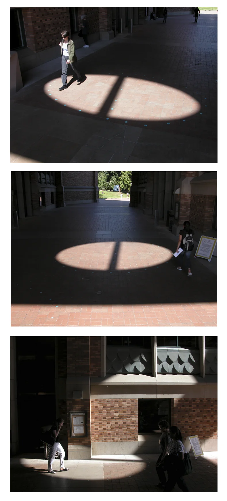 (with Woody Sullivan) Metal, paint In winter, the spotlight appears high above. The projection of light through a huge circular SW facing window between Allen and Suzzallo Libraries was utilized to tell solar time. 4 ellipses (2 of which were partially on the library walls) were marked to indicate the path of the sunspot on the summer solstice (June 21, 2:10-4:30 Pacific Daylight Time). In the winter, the sunspot appears high above. Inspired by the aperture sundials created by 17th century astronomers in European cathedrals. Temporary installation for Spheres, the 2003 University of Washington Summer ARTS Festival.