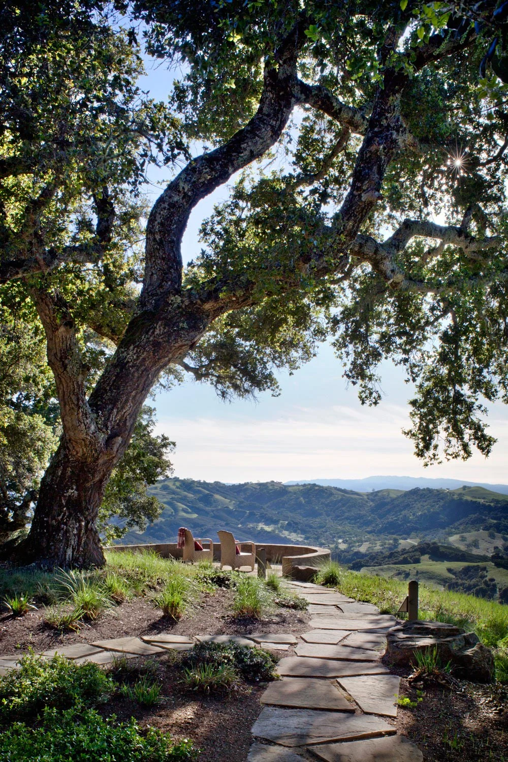 A stone path leads to an outlook at the end of the built landscape with a cozy seating area.