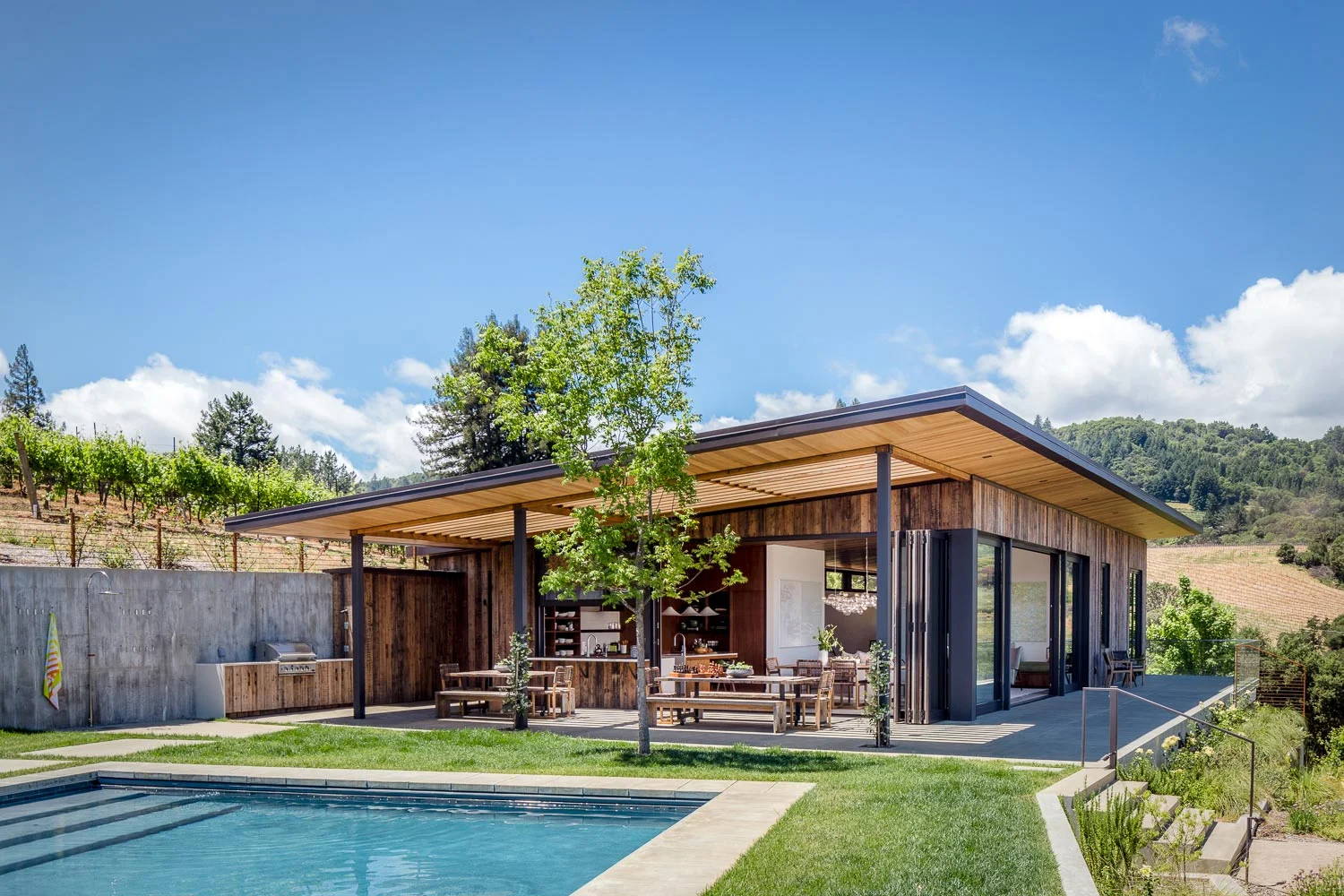 The main terrace includes a pool, outdoor shower, and an outdoor kitchen and dining area.