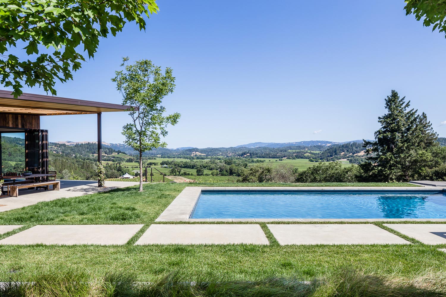 Large concrete pavers are softened with grass and plantings.