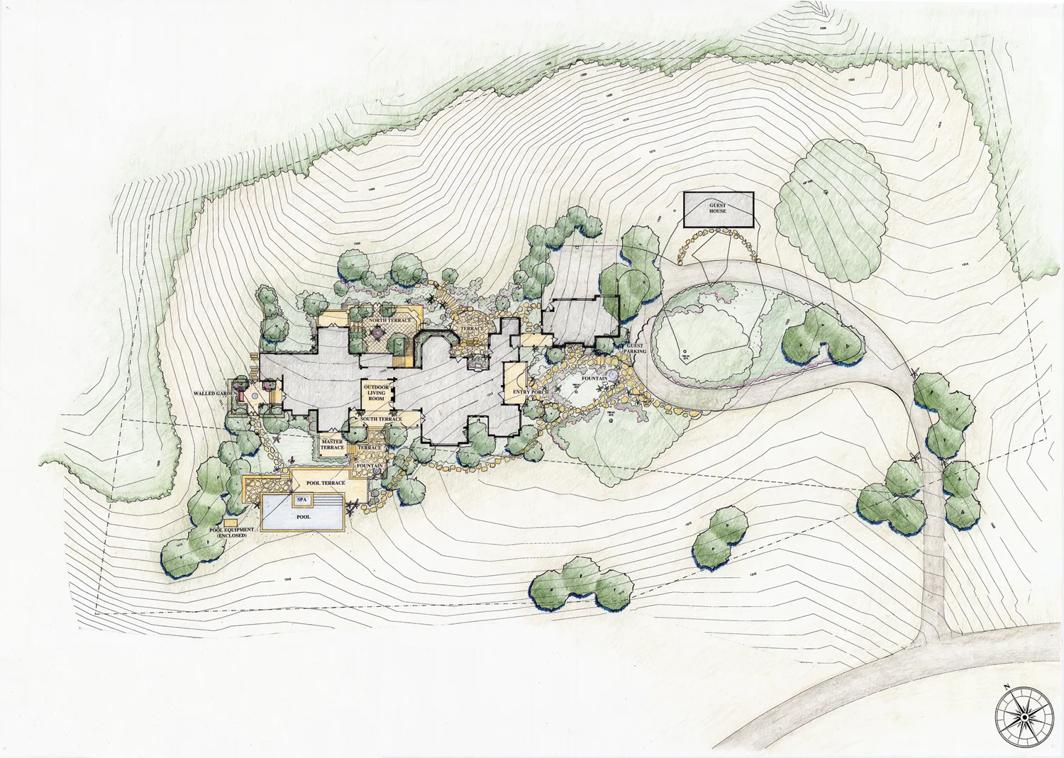 The hand-colored master plan shows the layout of the landscape.