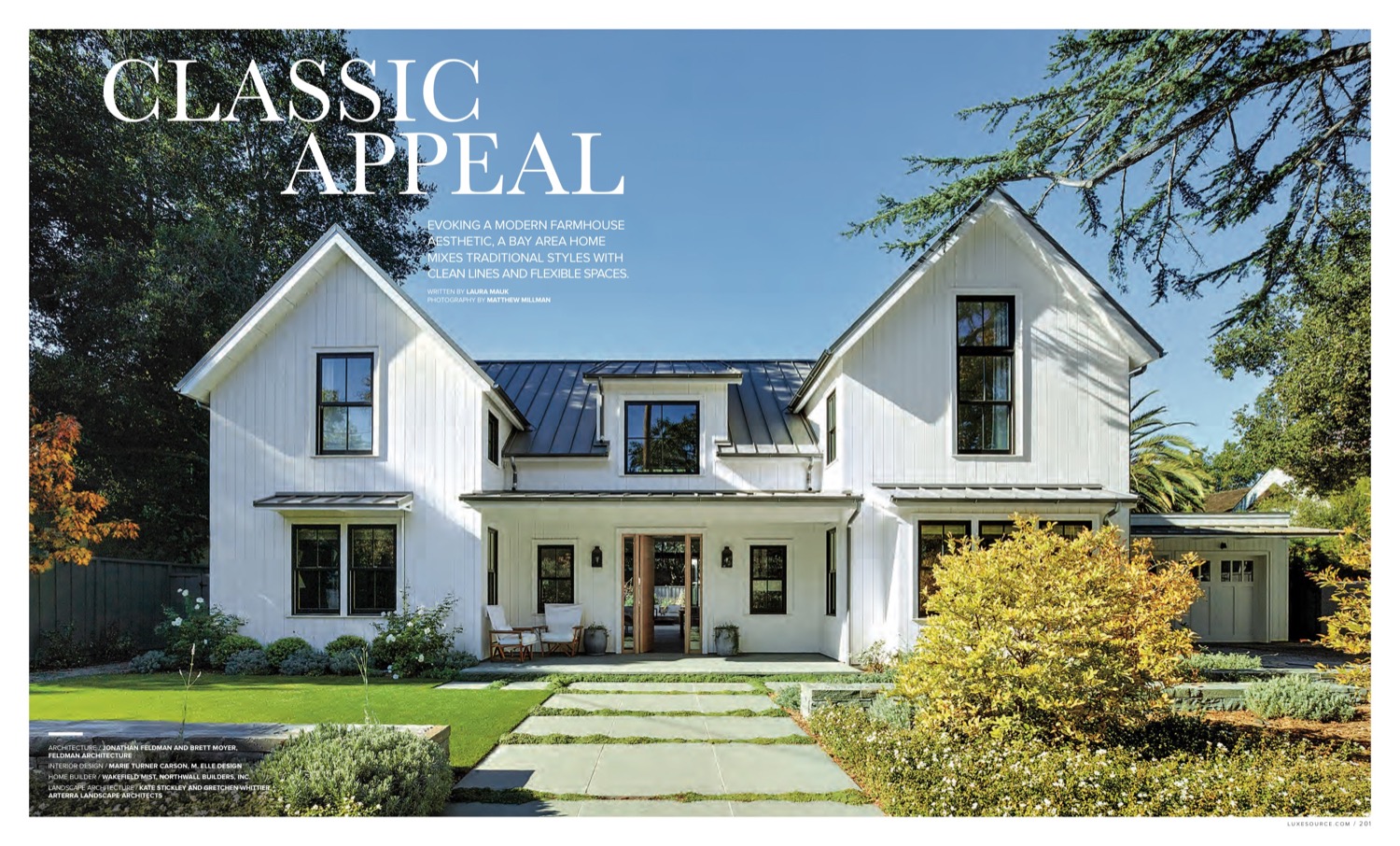  A path softened with planted pavers leads up to a modern farmhouse style home, in Luxe Magazine. 