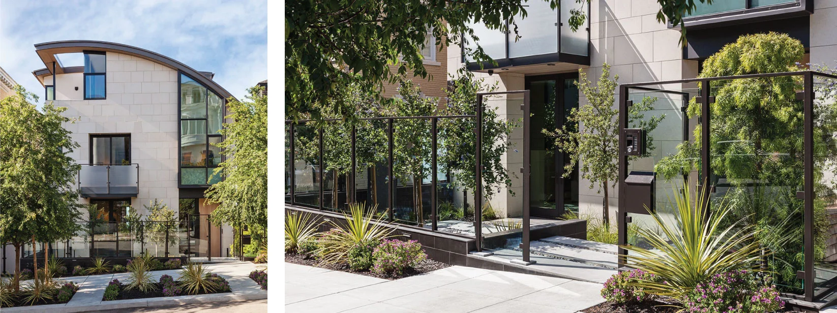 The sidewalk garden adds green space to the neighborhood and the glass and metal fence deliniates the private front yard.