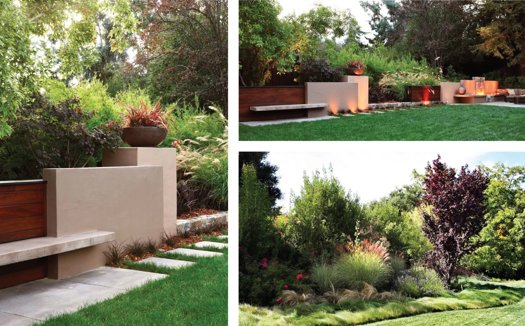 Soft plantings rustle in the breeze and soften the property line, blending into tall trees.