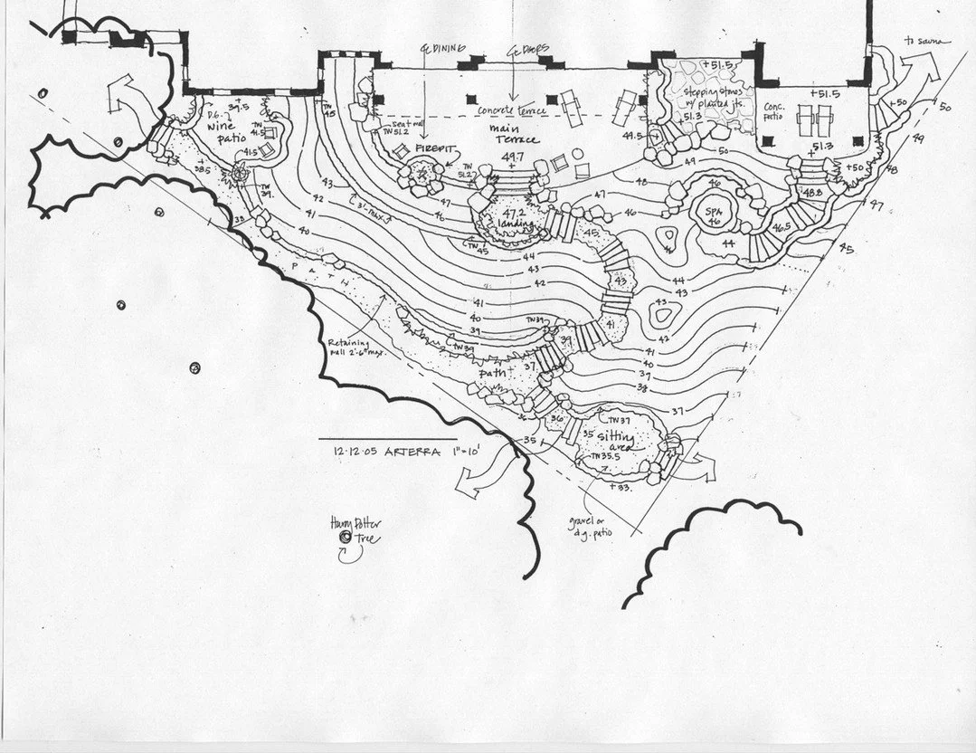 #Waybackwednesday taking us back to 2005 and a bonus Grading Design #arterrafridayfeature for a project.

Free flowing Carmel stone walls and informal patio destinations cascade downslope to meet grade at the edge of the oak woodland. Gotta say that 