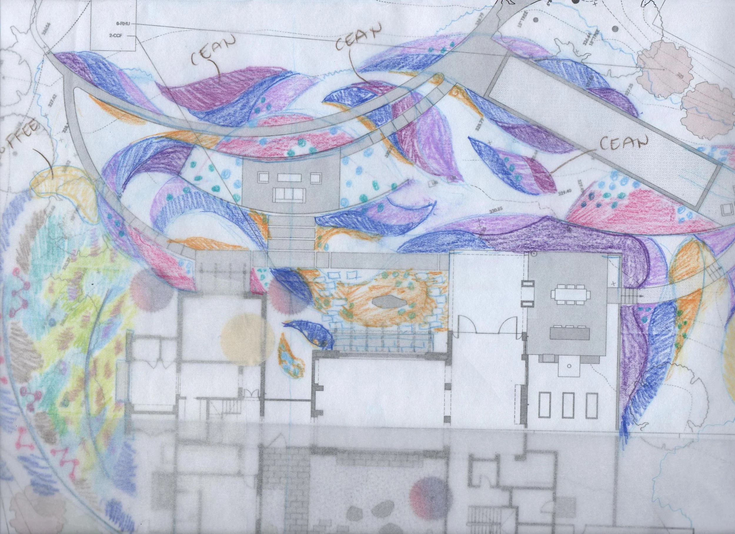 The backdrop of this renovated space is a border of near park-like well-established trees. So our planting plan took an artistic approach starting with this preliminary study of sweeps and intersections.

#arterrafridayfeature 
#plantingdesign #lands