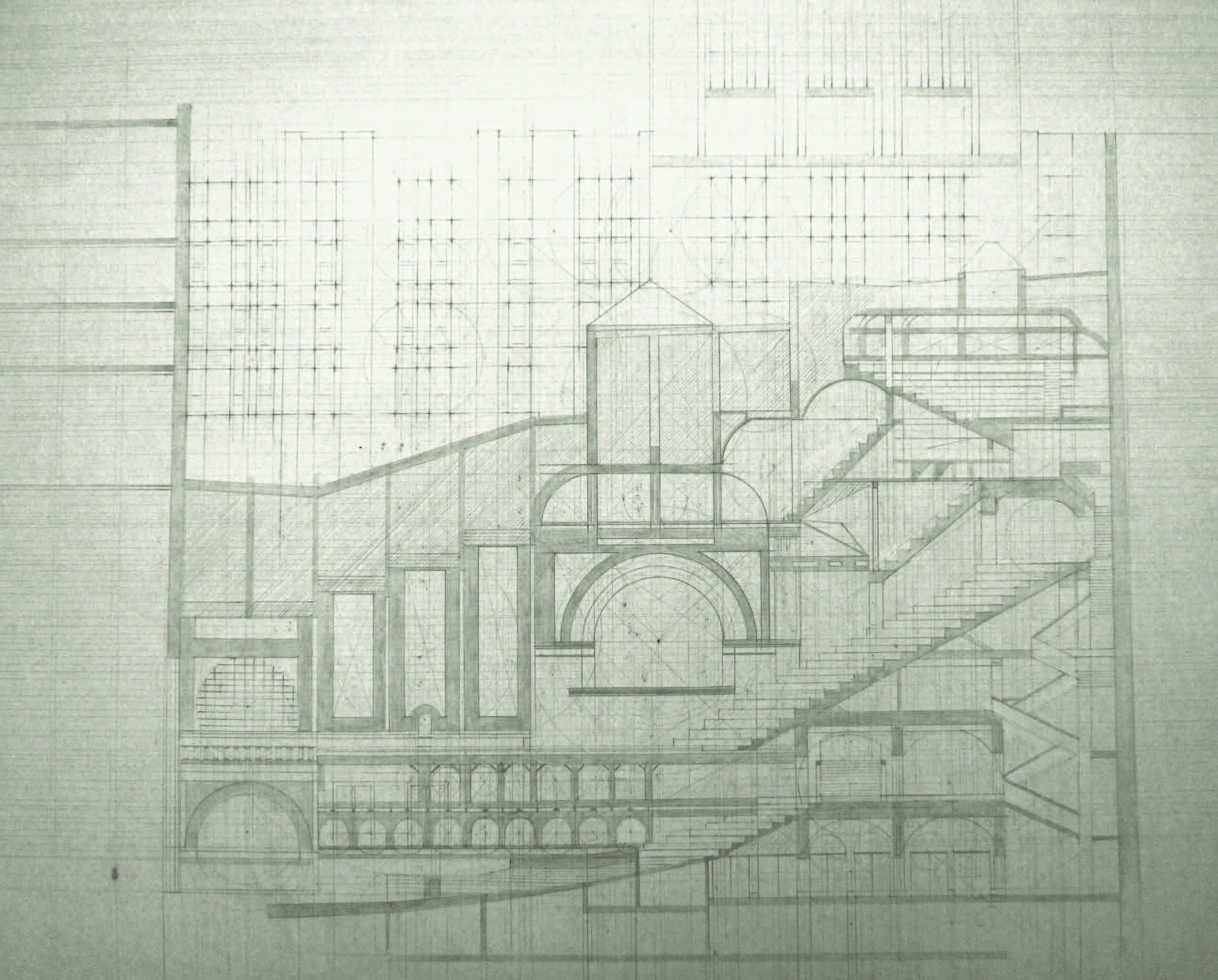   Shown:   Drawing analysis of Adler &amp; Sullivan Auditorium building. Section view.  
