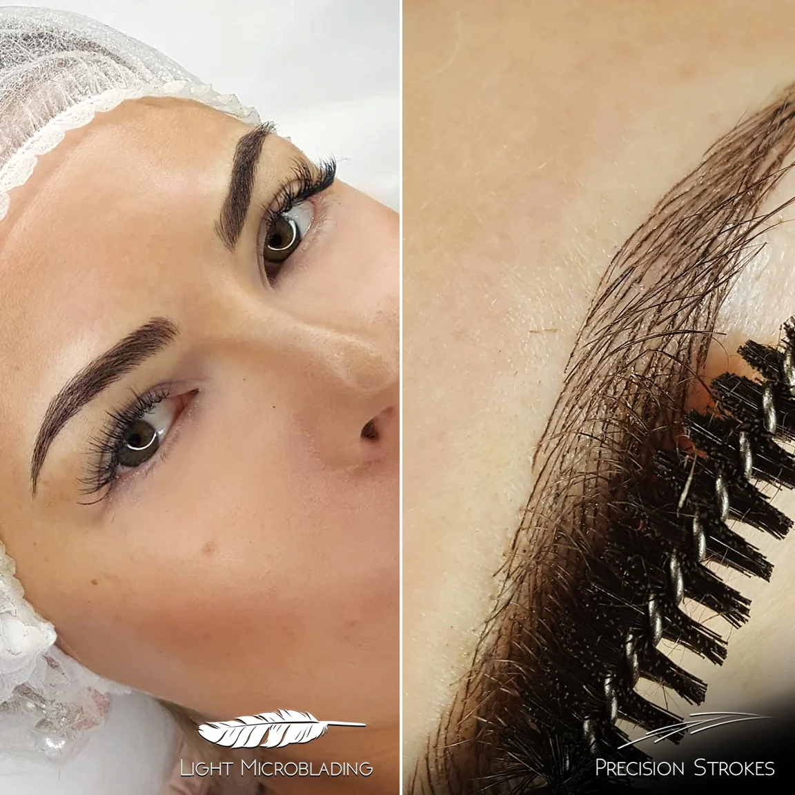 Here you can see Light microblading effect from a typical distance and close-up of the same brow. The result looks very thick and well filled, close-up shows the exact strategy behind it.