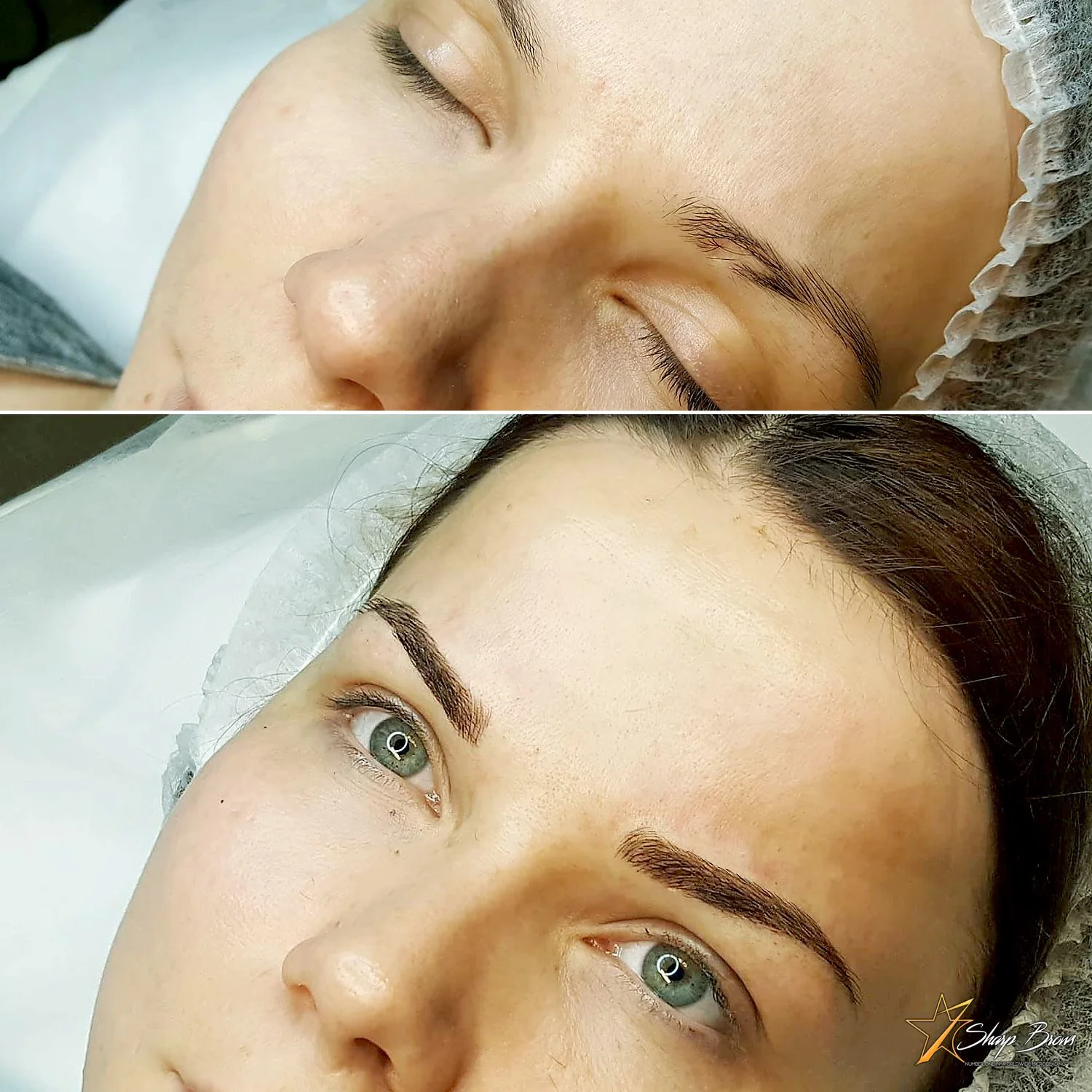 A beautiful sample how a hole in a brow is filled flawlessly with light microblading. Also the shape is changed and to match SharpBrows brow shape.