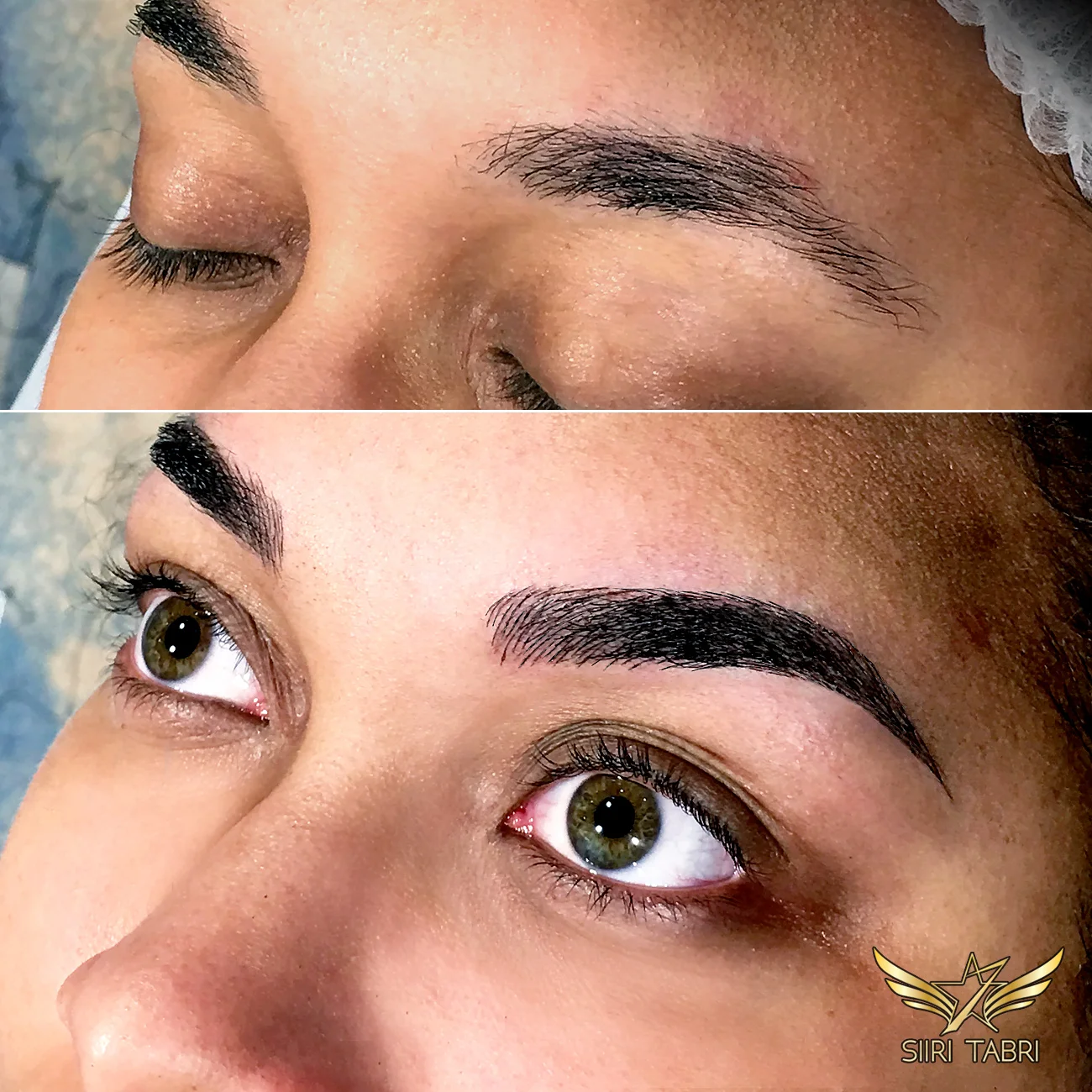 Light microblading. In this case brow shape was also changed drastically.