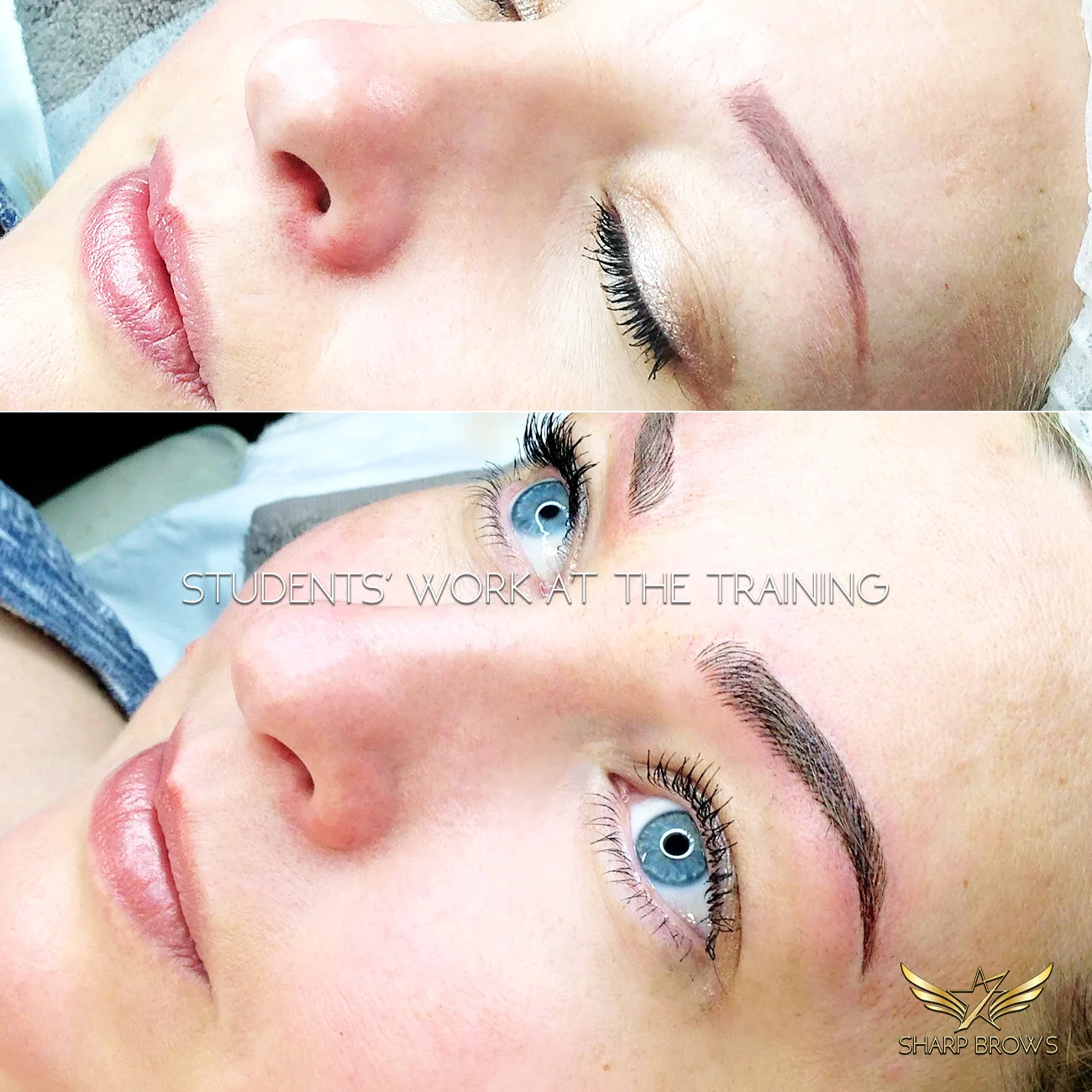 SharpBrows Light microblading. Students' work at the training. A challenging pigmentation fixed with Light microblading by a student at SharpBrows Light microblading class.