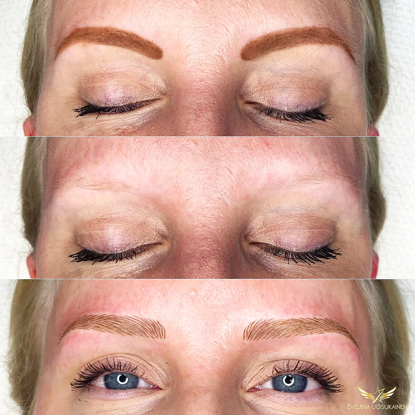 Students' work- A fine example how brows look like with makeup, without makeup and with light microblading. Made by a SharpBrows student after the class.