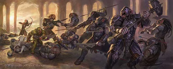 Adventurers killing some snarling orcs