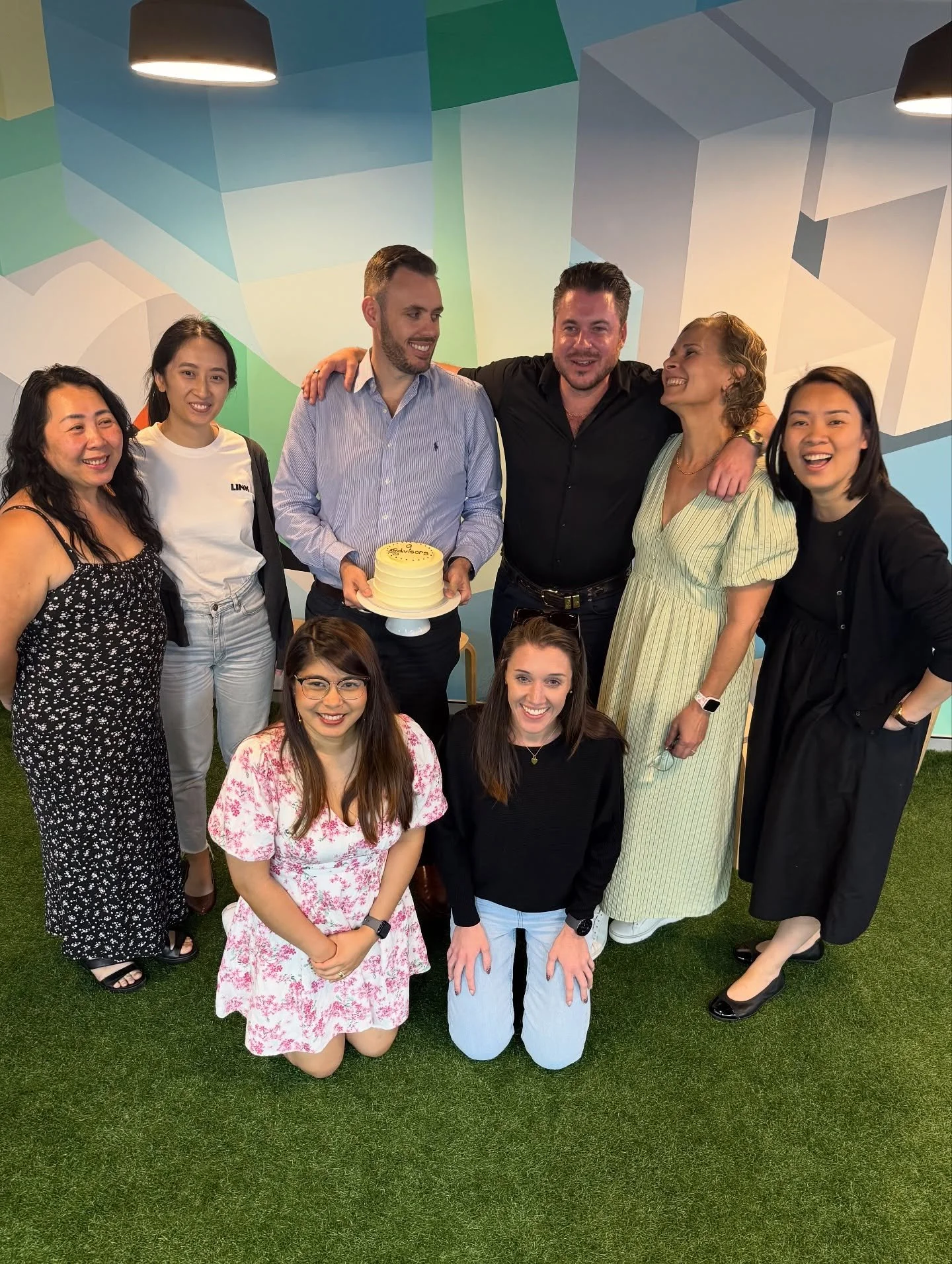 A family photo and a gender reveal cake to celebrate 9 years of our blue team - LINK Advisors 💙🦕🦋🧢

Much love to you our nerdy numbers team.