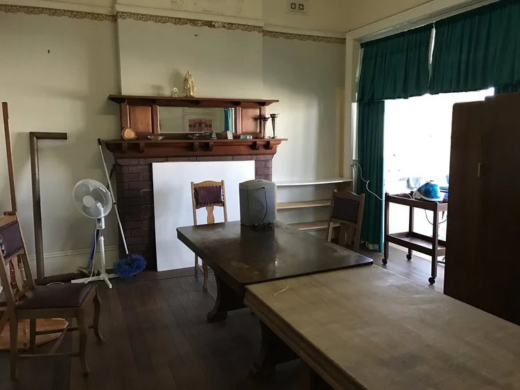 Top: our provisional chapel as it appeared for our very first office of Compline, having just arrived. Bottom: the refectory still missing some essential items...