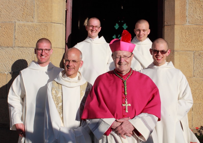 After the ceremony, Archbishop Porteous, Fr Prior and, from left to right: Brother Joseph Mary, Brother Gregory Mary, Brother Bernard Mary and Brother Bede Mary.