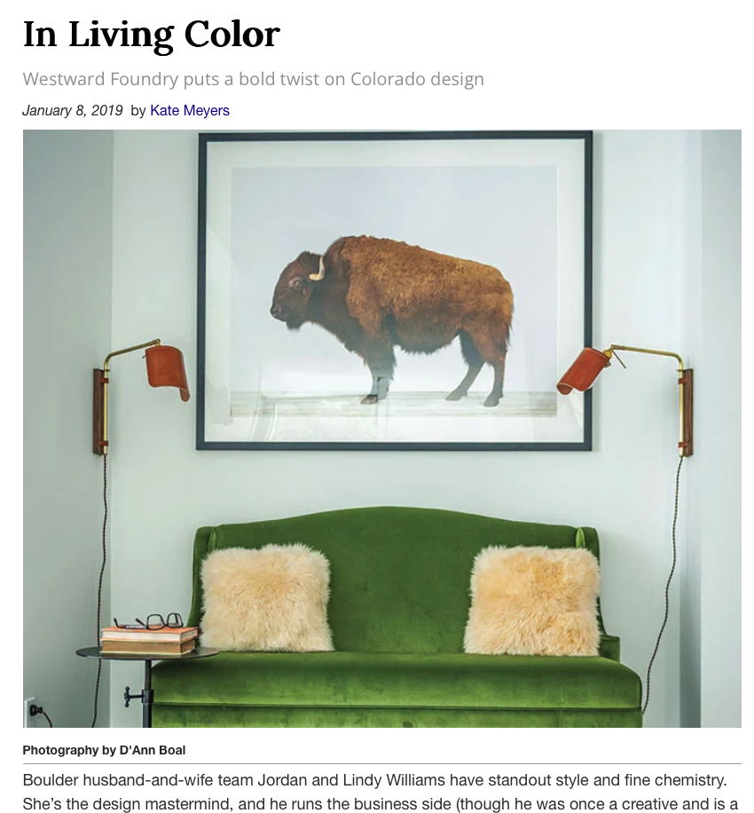 Saltwolf designed sitting room with a green velvet sofa and two fluffy beige pillows. Above the sofa is a large framed photograph of a bison in an article from 5280 Magazine.