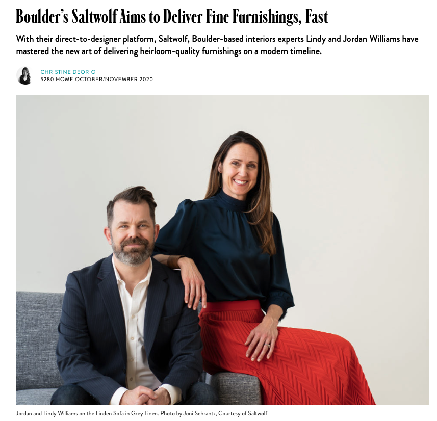 Jordan and Lindy Williams sitting on a gray sofa with a plain white background in an article from 5280 Magazine.