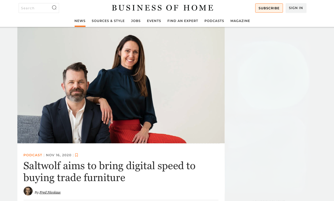 Jordan and Lindy Williams photo in an article about Saltwolf Furniture's digital speed in-to-the-trade furniture buying on the Business of Home website.