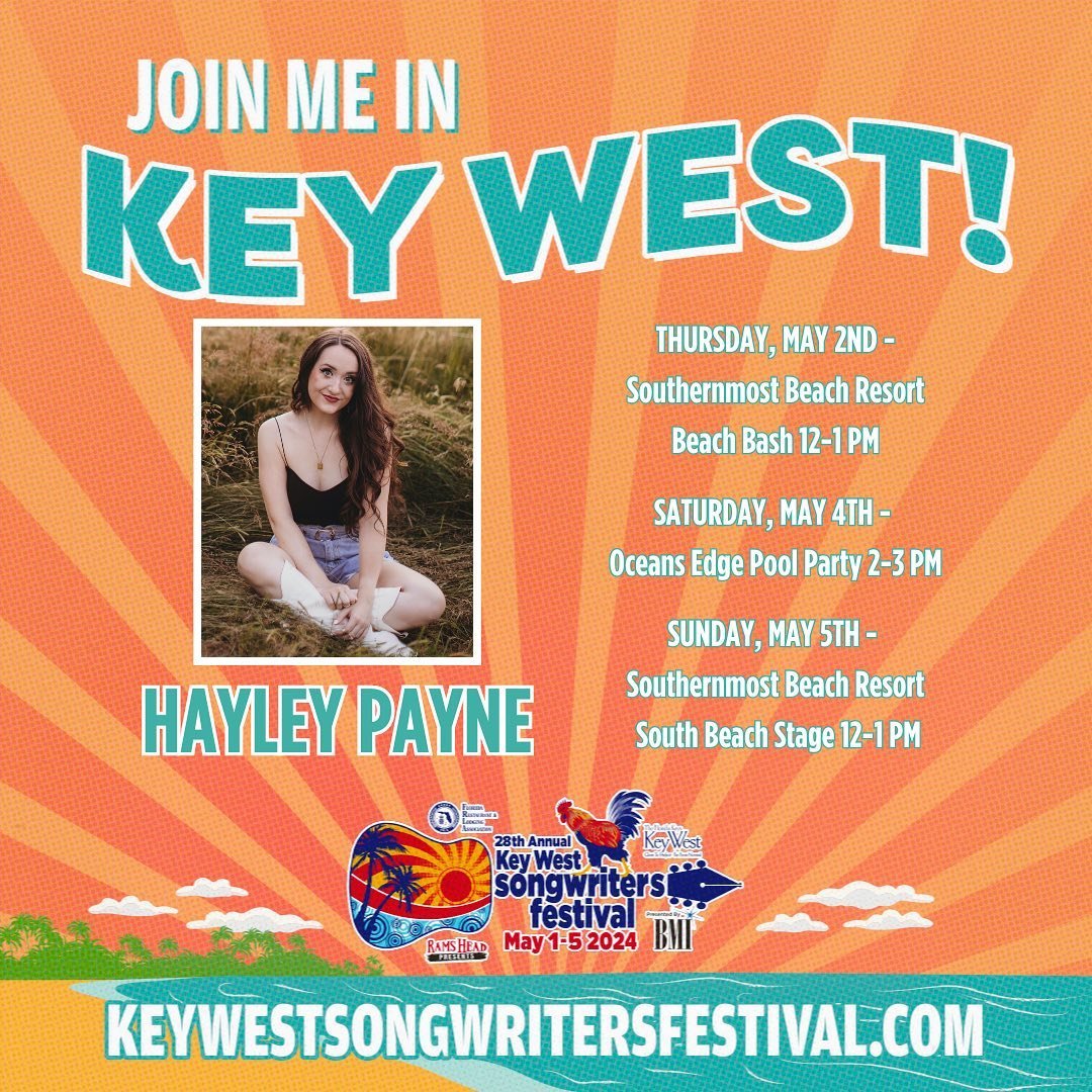 can&rsquo;t believe it&rsquo;s finally @keywestsongwritersfestival week!!! here&rsquo;s where you can catch me (when I&rsquo;m not drinking a fruity little drink by the pool)🍹🏝️☀️ thank you @bmi @luckymoneylive @magichillsartists for having me 🤠 #