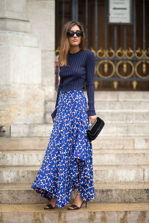 * Achieve this look with the Abbey Floral Twirl Skirt or the Fleur Dress paired with a blue round neck top to create the skirt effect. 