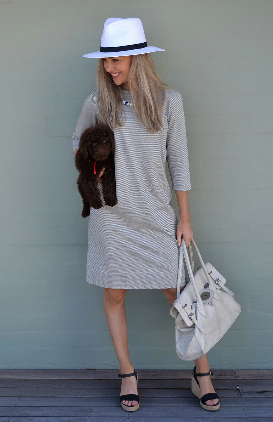 AND PUPPIES... featuring the Audrey dress in pinstripe. SO CHIC x