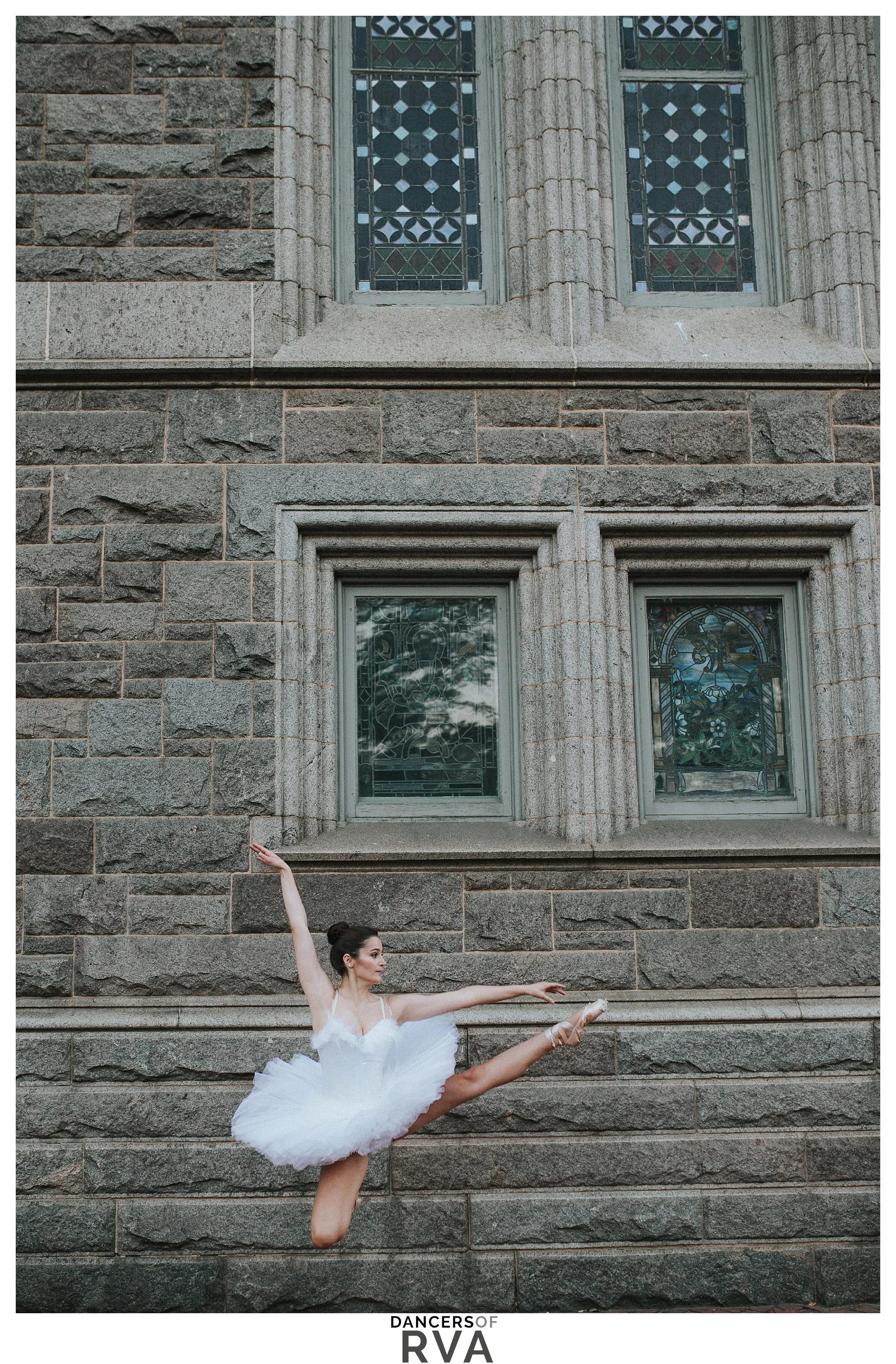 Ballet Dancer Stavna Ballet Company leaping in front of church Richmond VA VCU