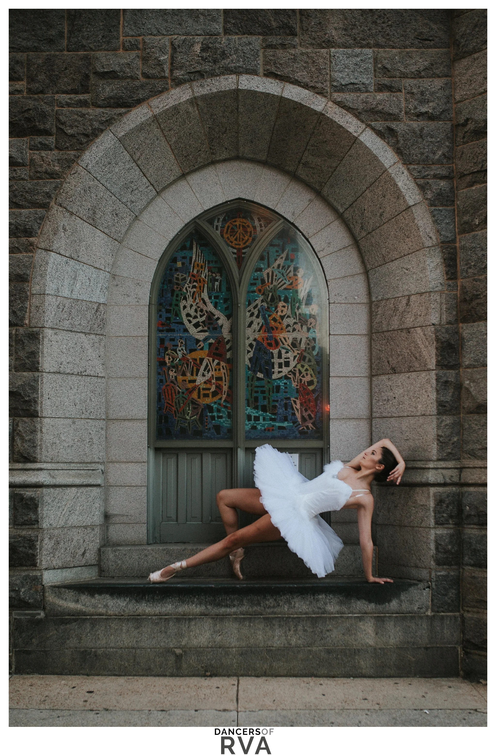 Richmond VA Ballet Dancer VCU Downtown Dance Session Dancer in front of stain glass
