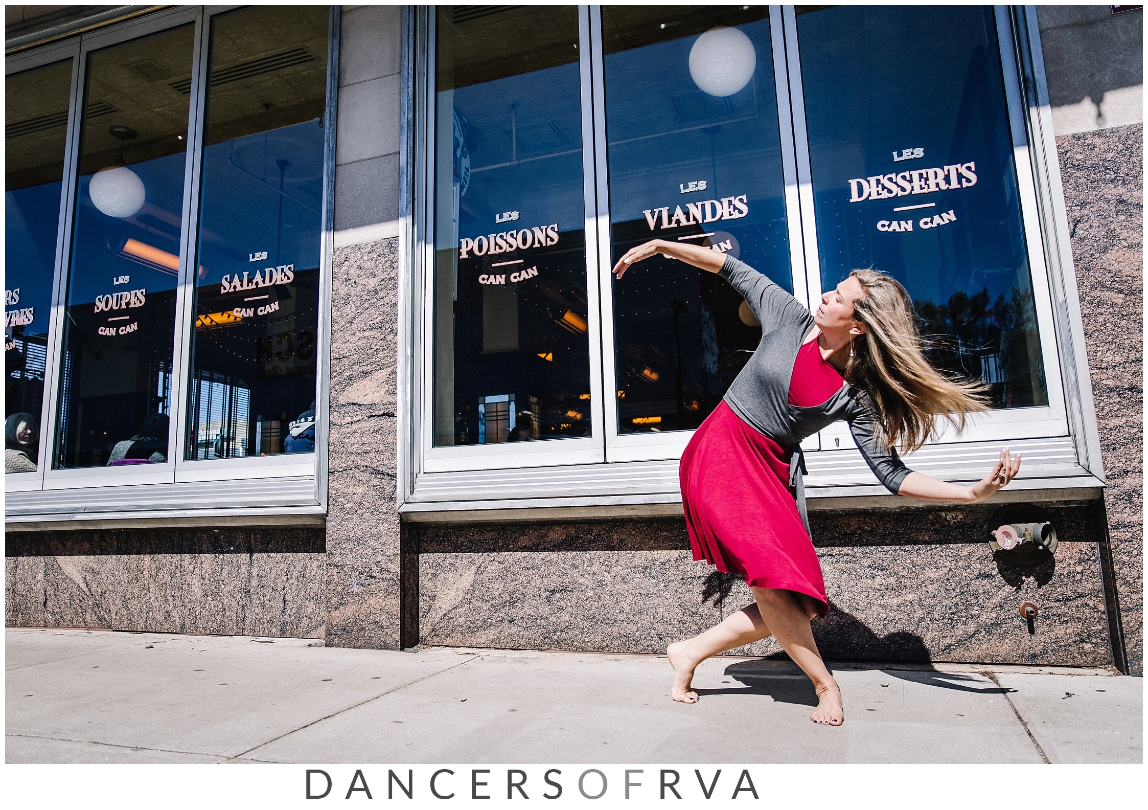 Dancer in Carytown in front of the Can Can restaurant
