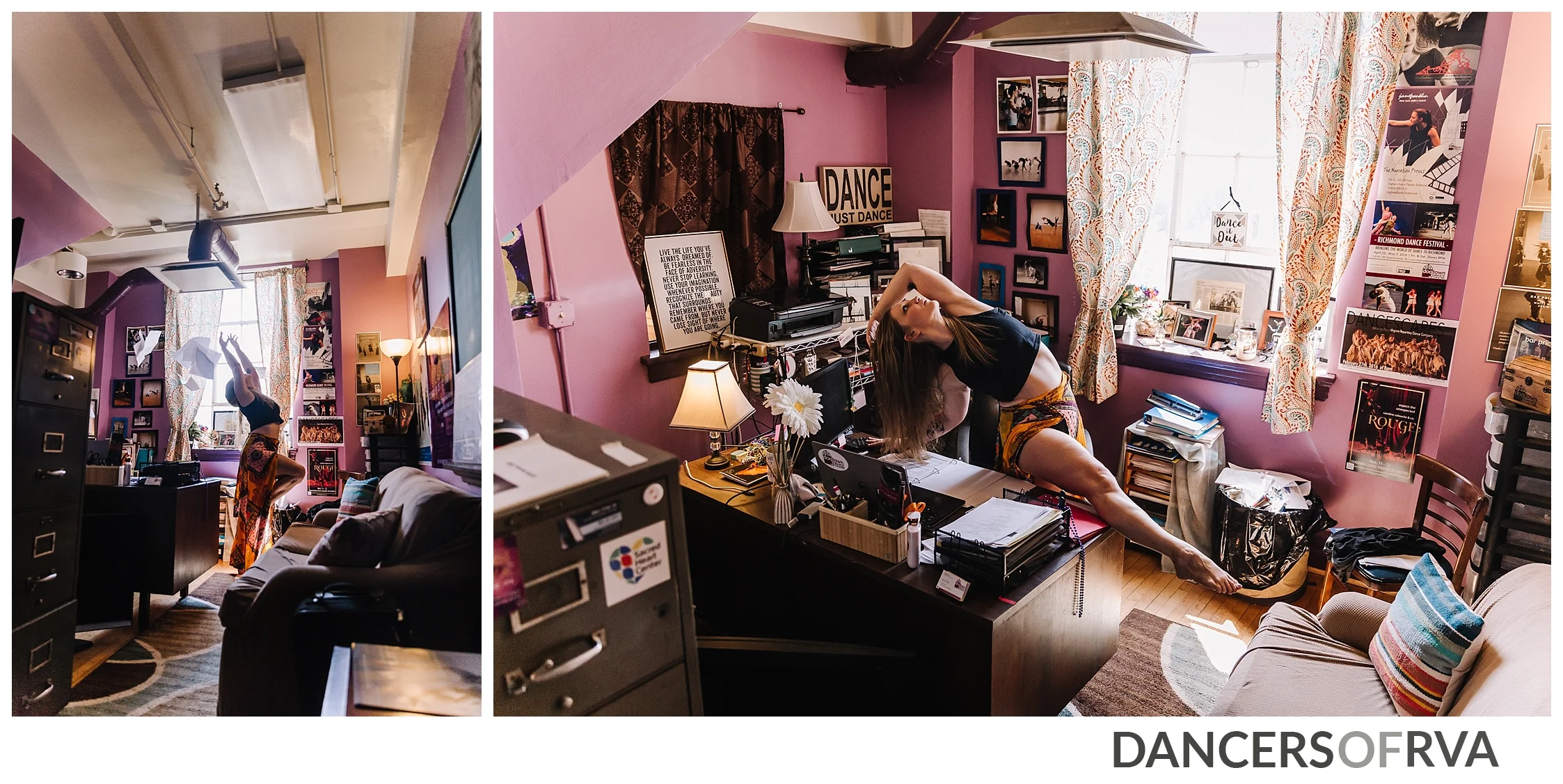 RVA Boss Babe Jess Burgess dancing in her office 