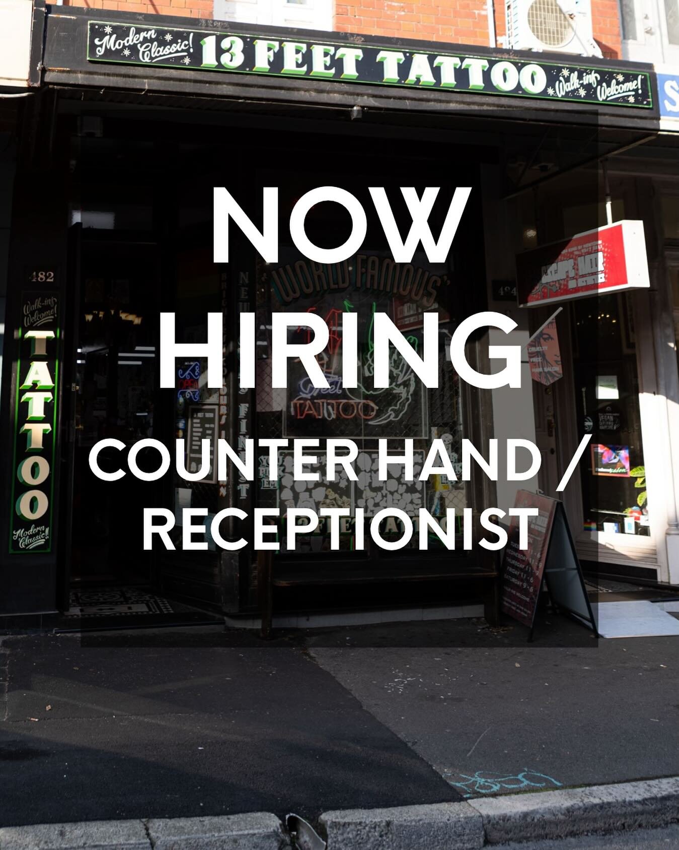 ‼️📣 POSITION AVAILABLE‼️📣

We are looking for a hard working and dedicated counter-hand/receptionist to join the @thirteenfeettattoo team in NEWTOWN. 
A passion for tattoos and the industry is an absolute must. Organised, detail oriented &amp; prio
