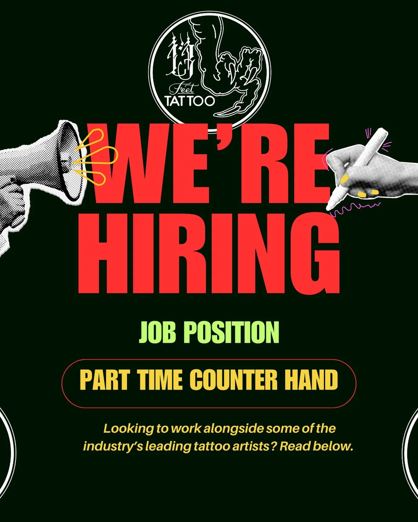 ✨We&rsquo;re Hiring a Part-Time Counterhand!✨

Join the team at&nbsp;Thirteen Feet Tattoo, one of Sydney&rsquo;s leading tattoo studios!😍

📝Position:&nbsp;Part-Time Counterhand
📍Location:&nbsp;Flexibility to work across our studios in Newtown, Cir