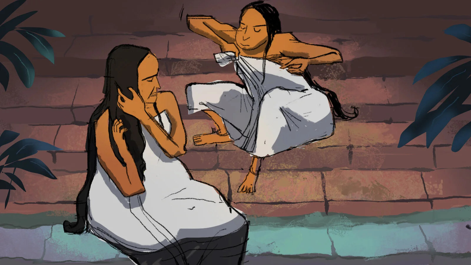 Woman having a bath in the pond