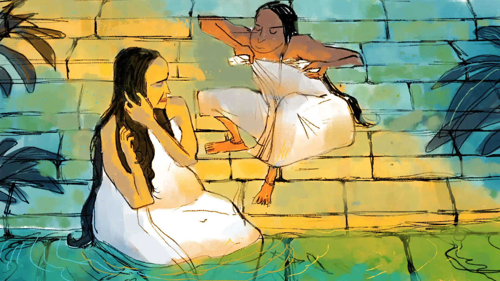 Woman having a bath in the pond