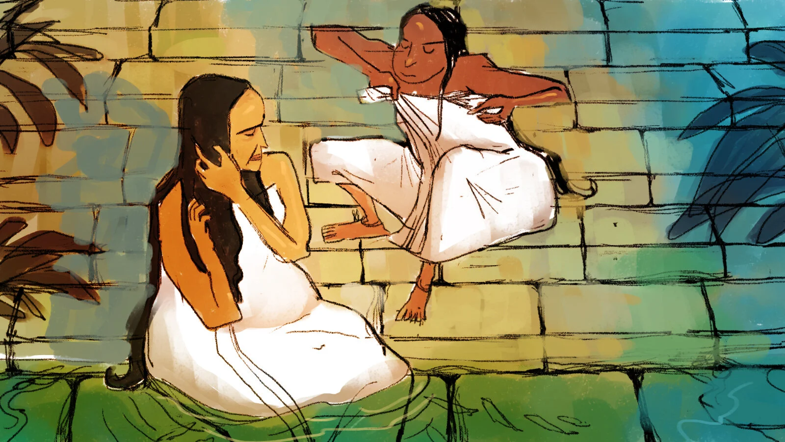 Woman having a bath in the pond