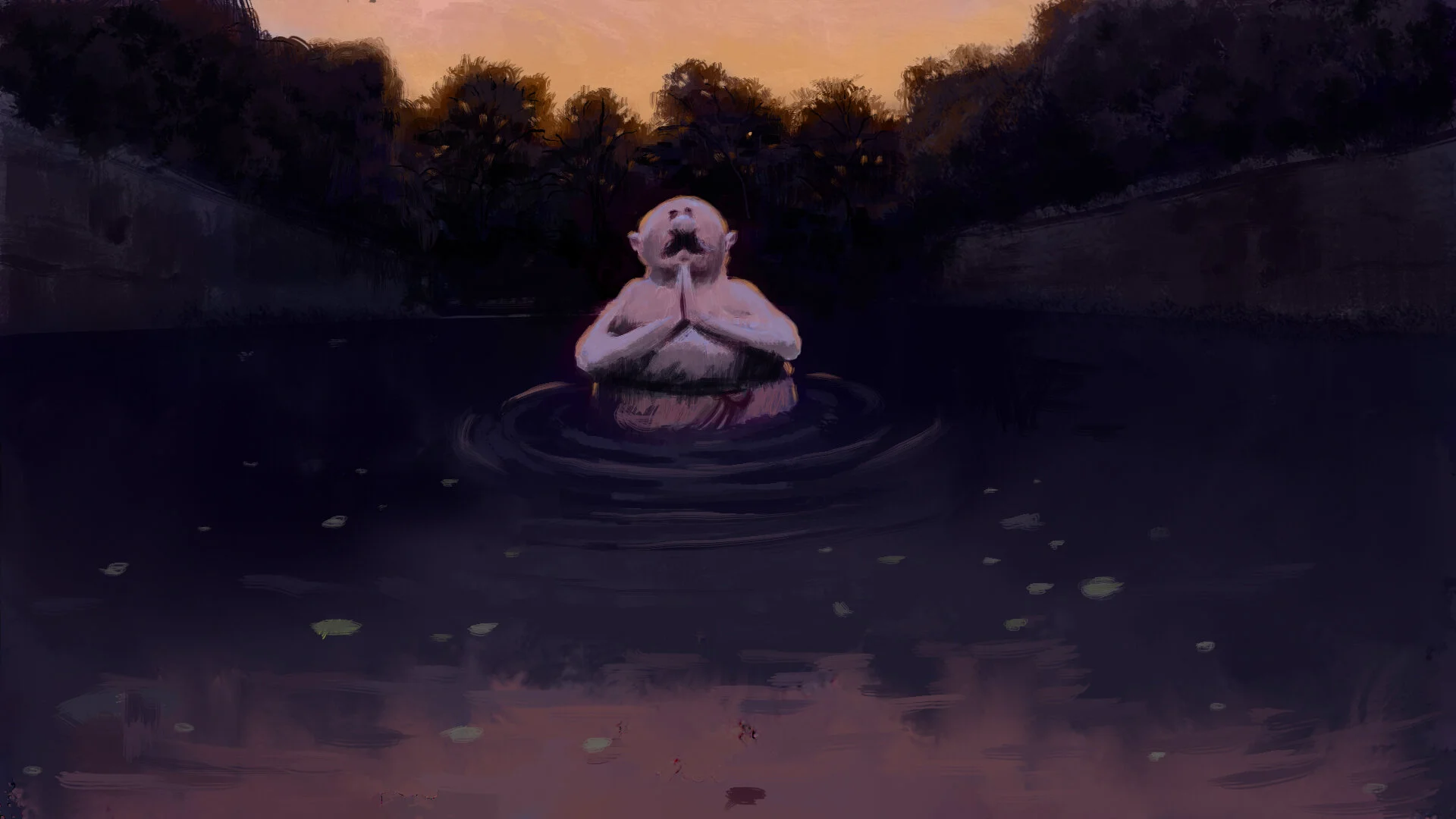 Man Bathing in the pond