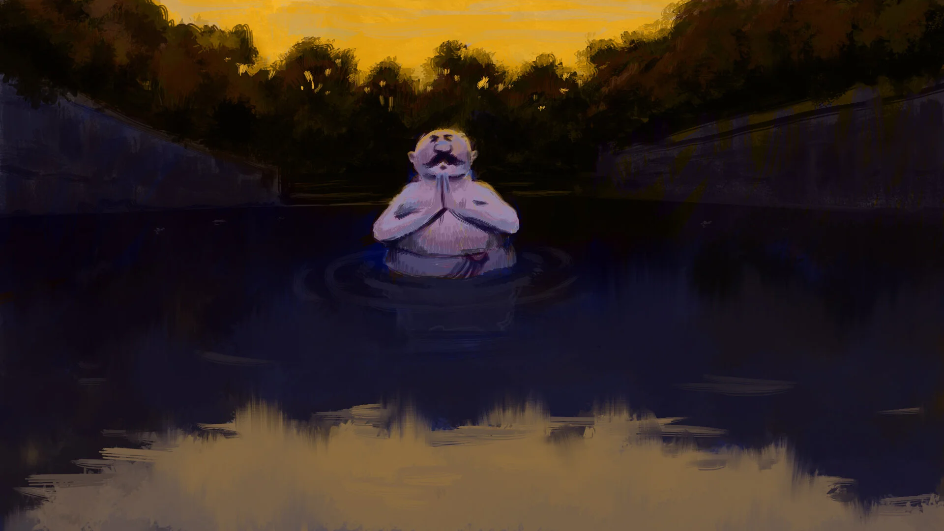 Man Bathing in the pond