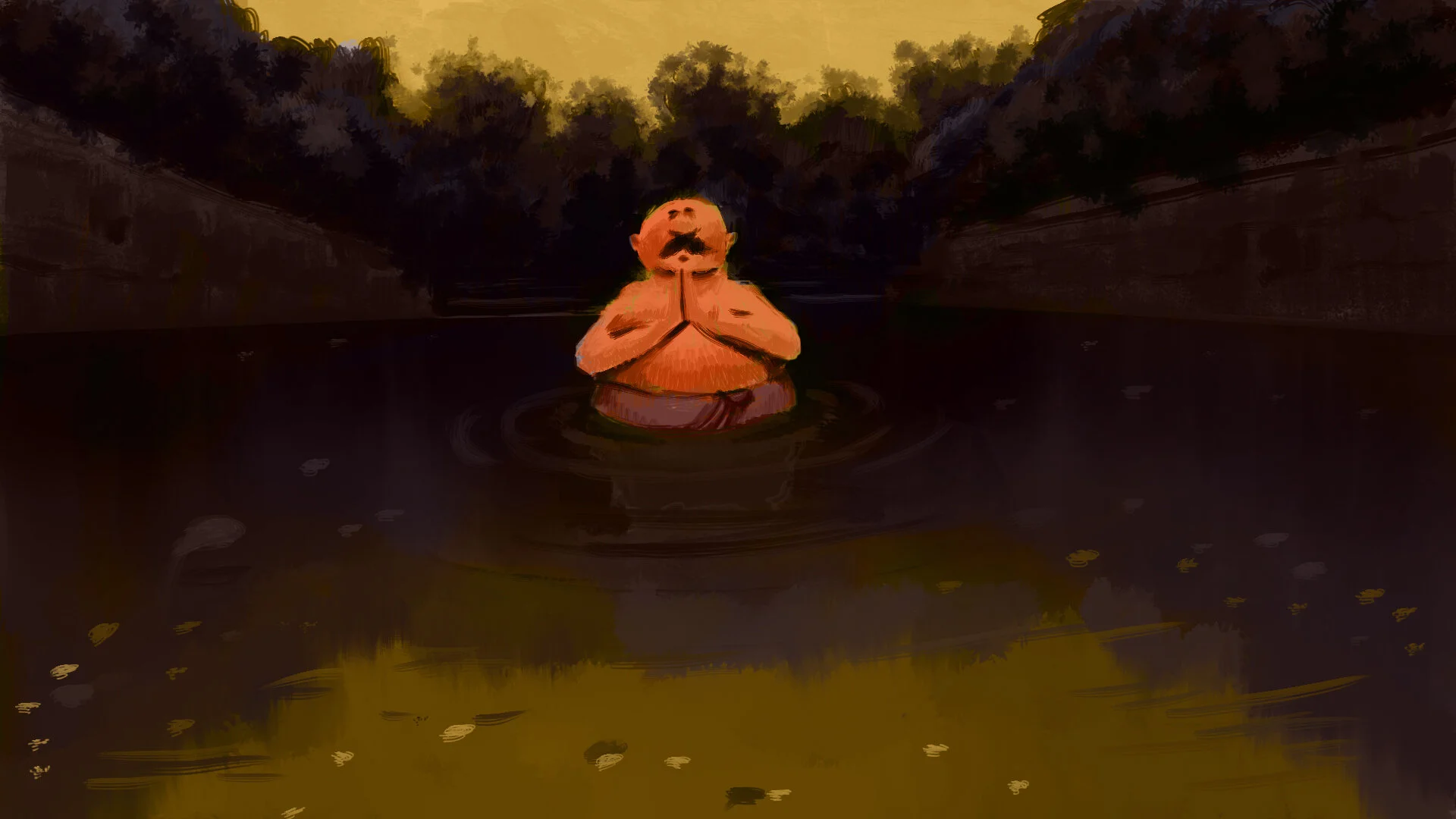 Man Bathing in the pond