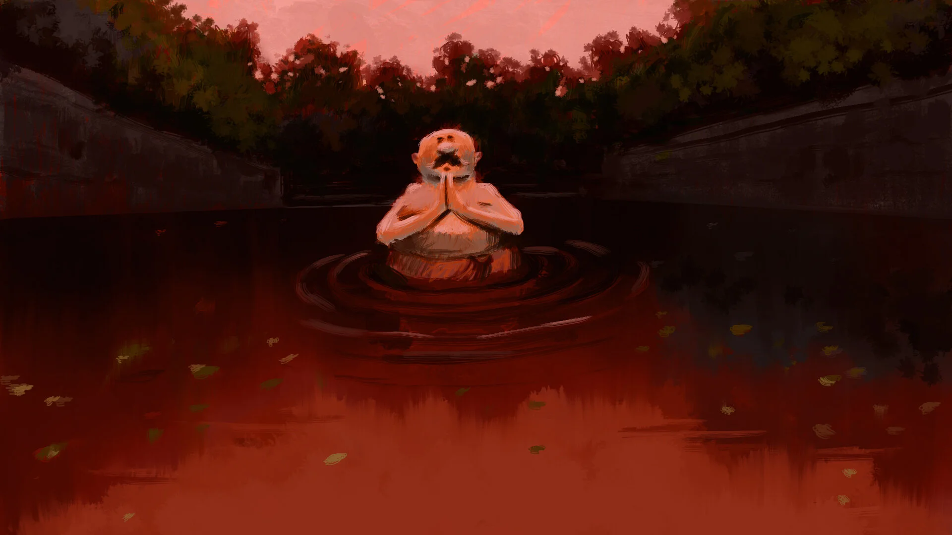 Man Bathing in the pond