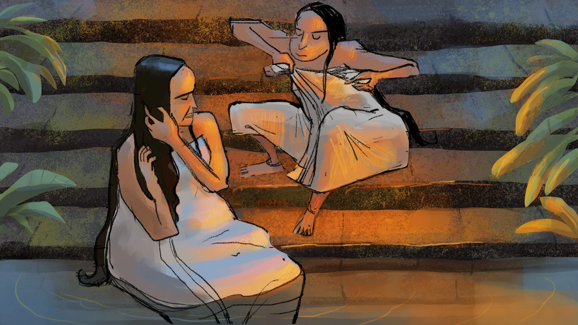 Woman having a bath in the pond