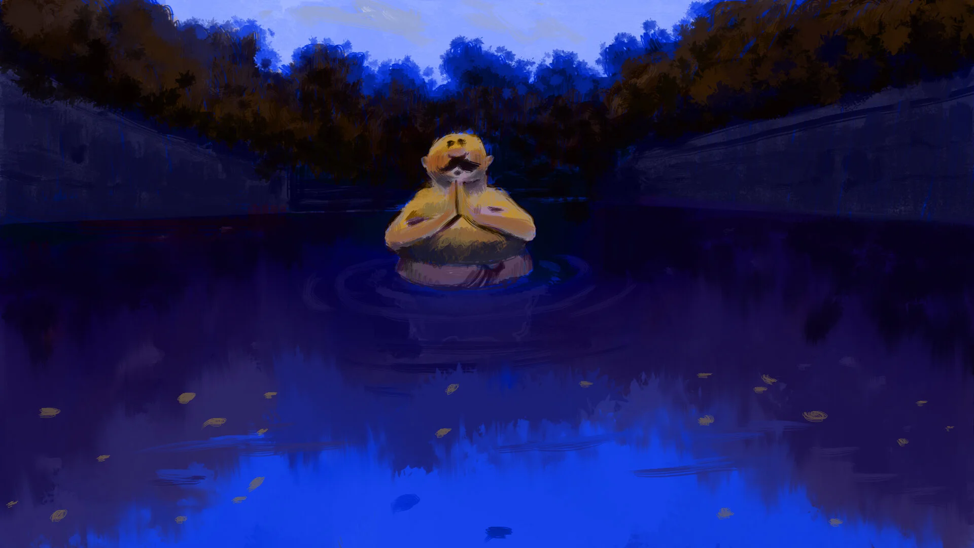 Man Bathing in the pond